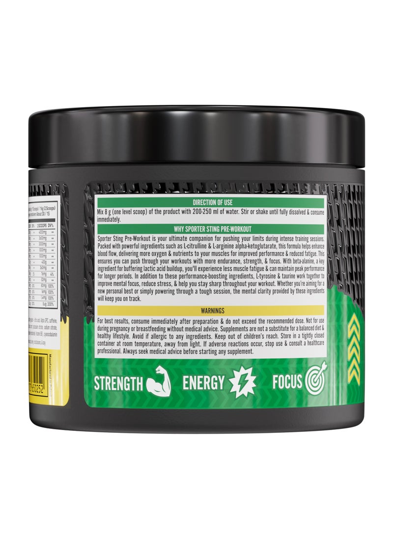 Sporter Sting Pre-Workout – Watermelon | 30 Servings | Energy, Strength & Focus Booster | 180mg Caffeine | L-Citrulline, Beta-Alanine & B-Vitamins | Sugar-Free | Dietary Supplement – 240g