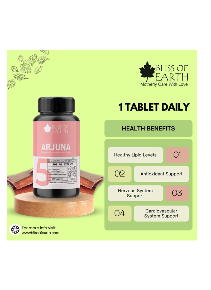 Bliss of Earth High Potency Terminalia Arjuna Bark Extract Tablets 500mg With Quick Release Enhanced Bioavailability For Heart Health Arjun Chhal Tablets 60 Tablets