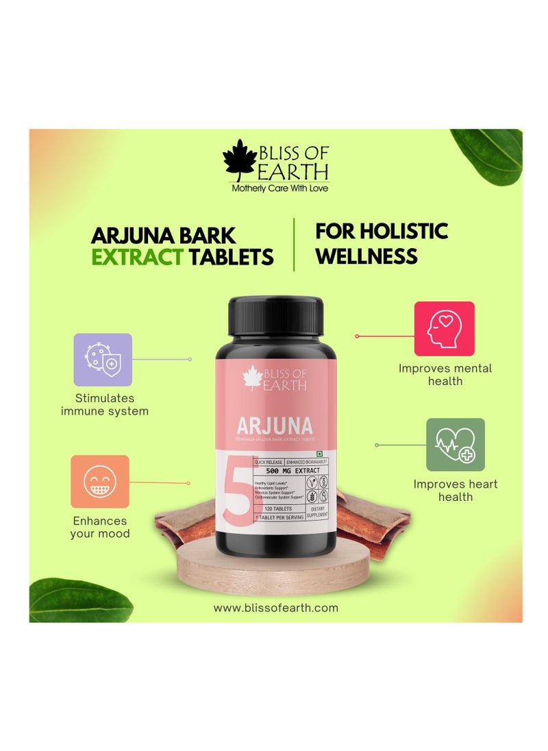 Bliss of Earth High Potency Terminalia Arjuna Bark Extract Tablets 500mg With Quick Release Enhanced Bioavailability For Heart Health Arjun Chhal Tablets 60 Tablets