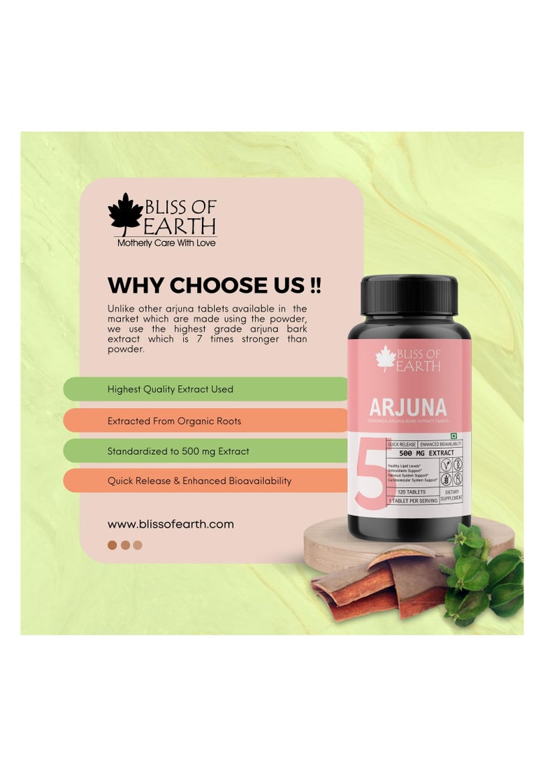 Bliss of Earth High Potency Terminalia Arjuna Bark Extract Tablets 500mg With Quick Release Enhanced Bioavailability For Heart Health Arjun Chhal Tablets 60 Tablets