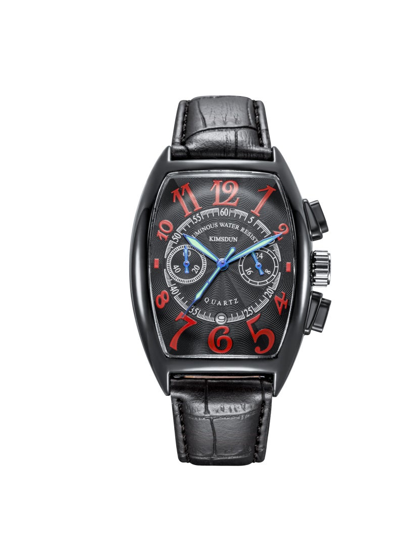 Goldenshour Multifunctional Casual Mens Barrel Quartz Watch Black Shell Black Face Scarlet Letter