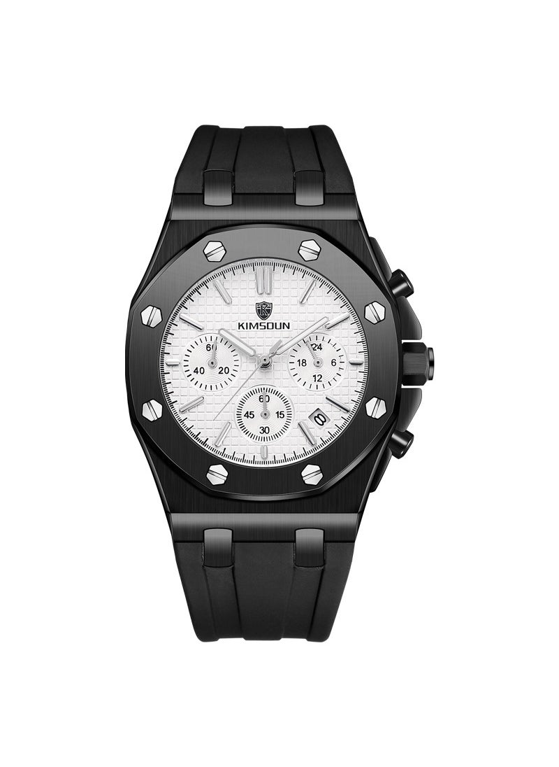 Modern Kingston Mens Chronograph Silicone Quartz Watch Black shell and white surface