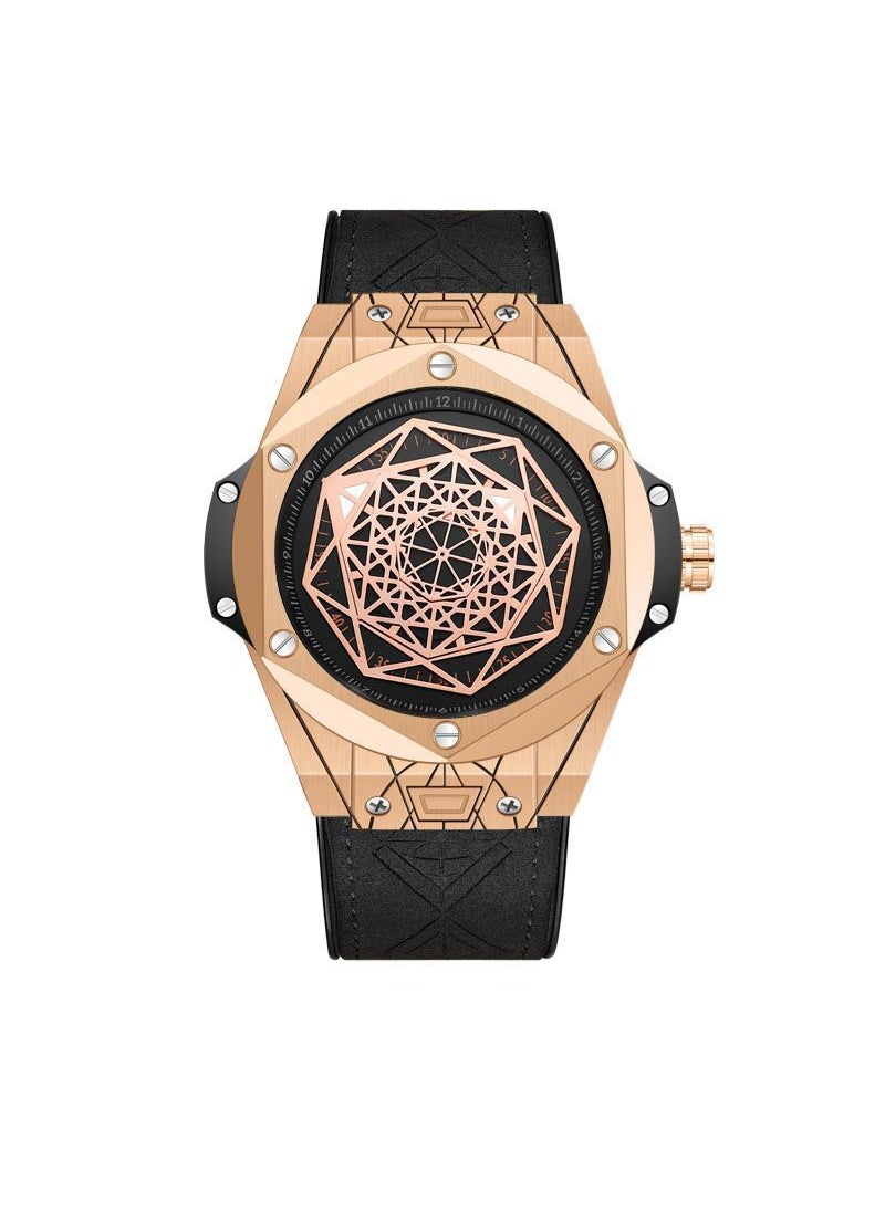 Mens Trendy Silicone Strap Mechanical Watch Rose gold and black leather