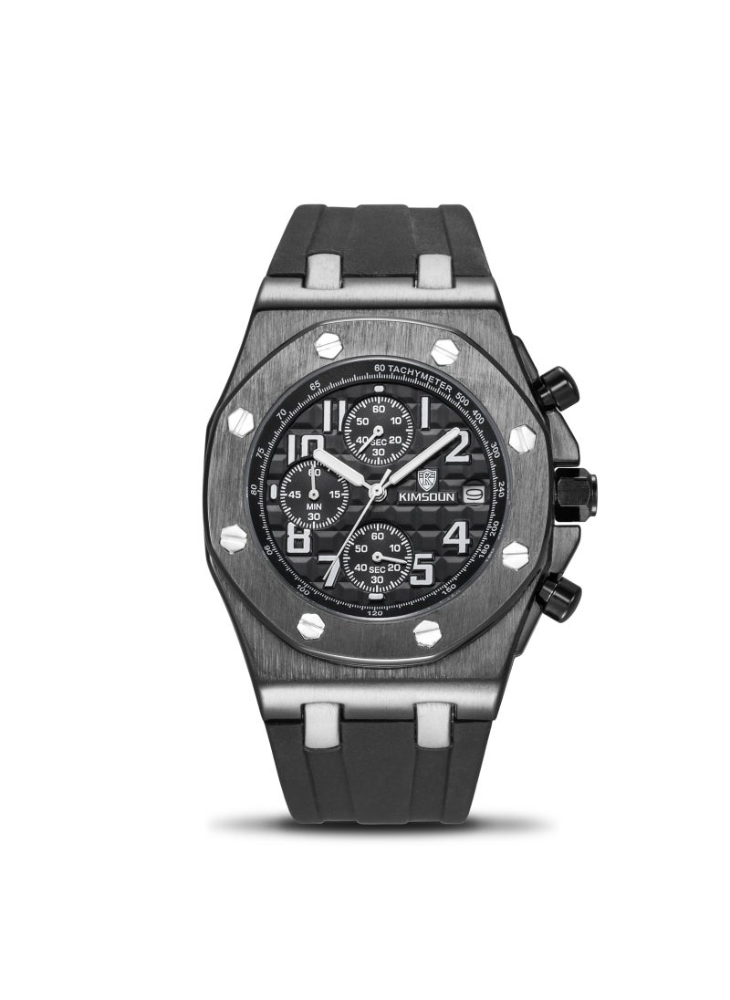 Jinshidun Mens Sports Quartz Watch Multifunctional Waterproof Silicon Strap Black Shell black surface