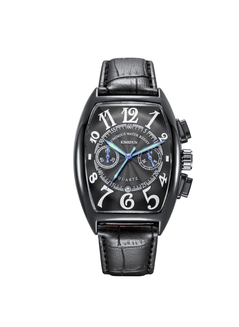 Goldenshour Multifunctional Casual Mens Barrel Quartz Watch Black shell, black face, white characters
