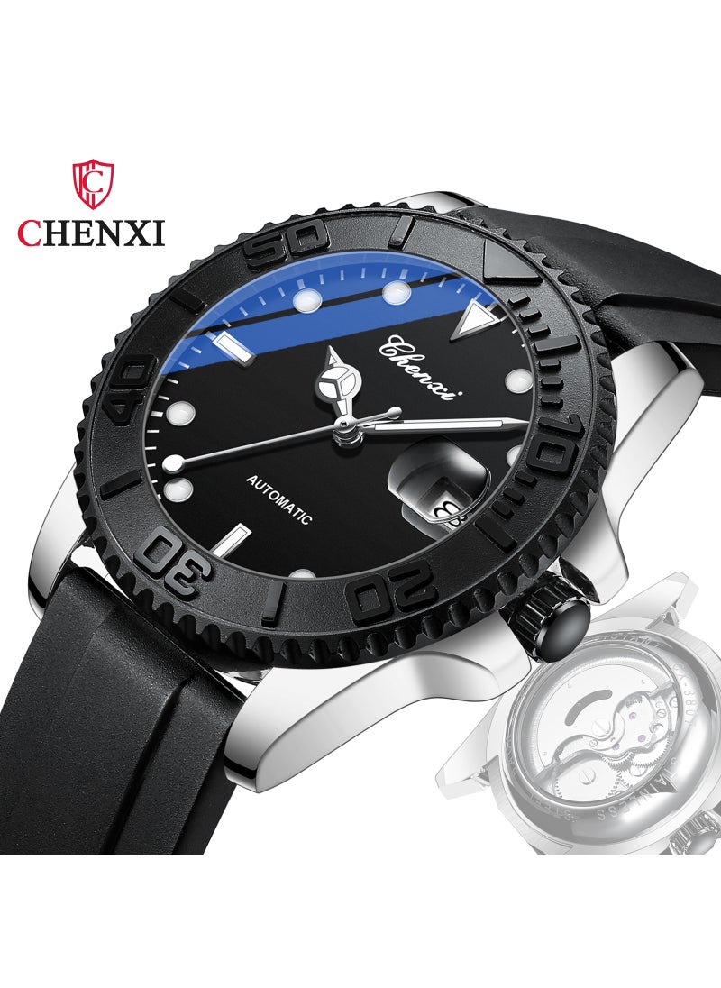 New Dawn Automatic Mechanical Mens Watch Calendar Luminous Waterproof Black Silver Shell