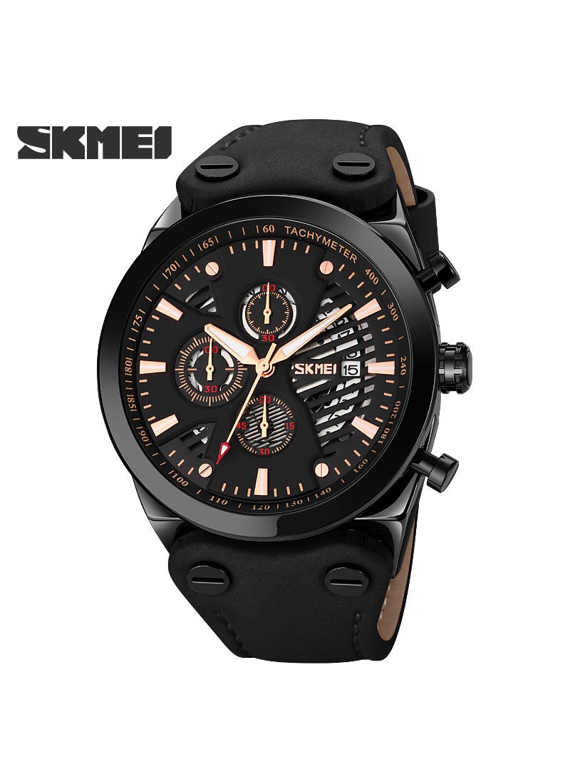 Hollow Dial Mens Multifunctional Watch Black Belt Black Face