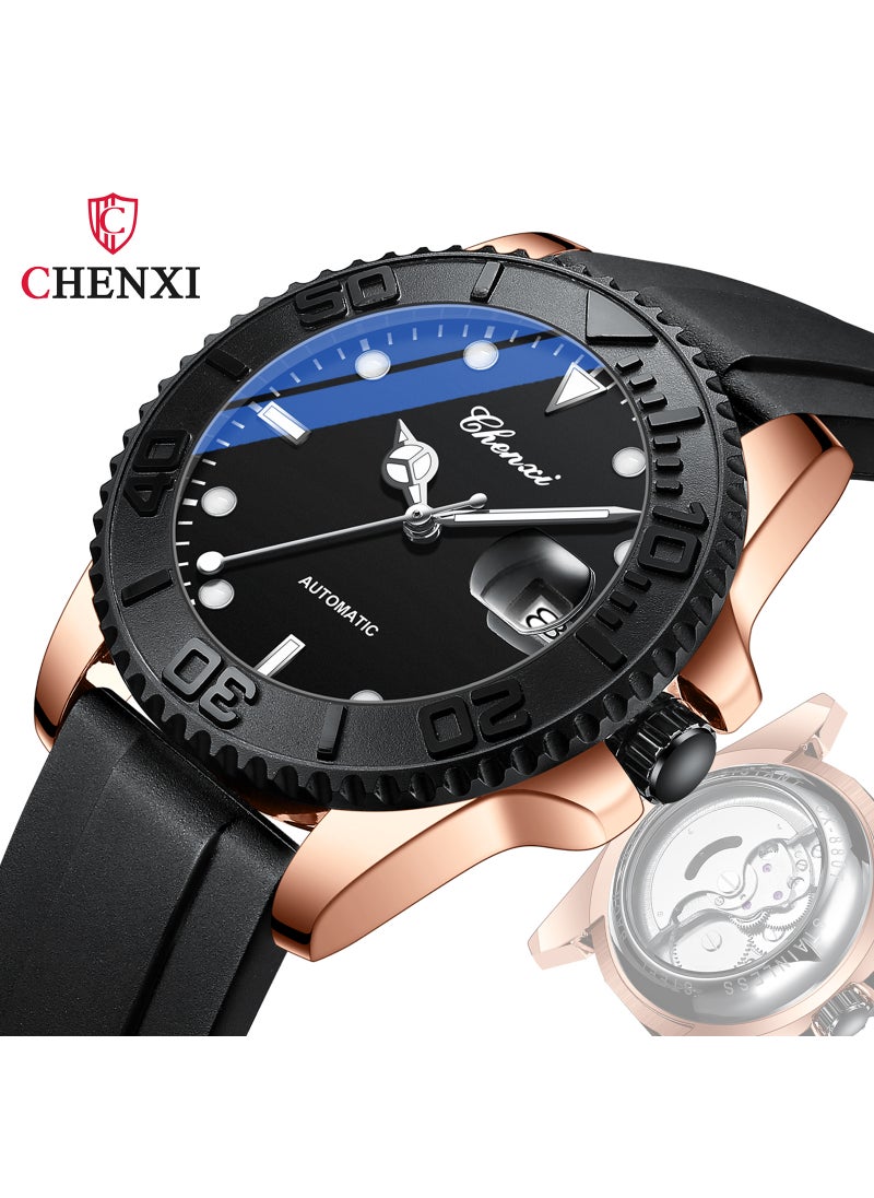 New Dawn Automatic Mechanical Mens Watch Calendar Luminous Waterproof Black Rose gold shell