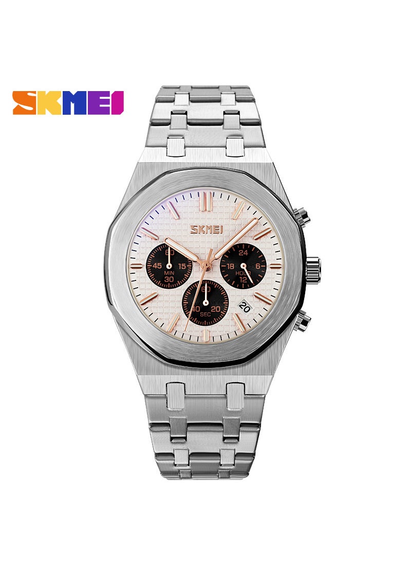 Stainless Steel Multifunctional Mens Watch Business Fashion Silver shell silver face