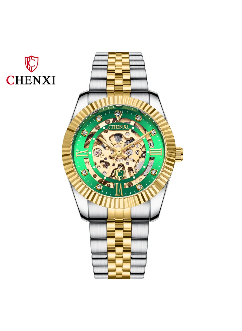 Dawn Classic Automatic Mens Hollow Skeleton Gold Watch Between the golden green surface