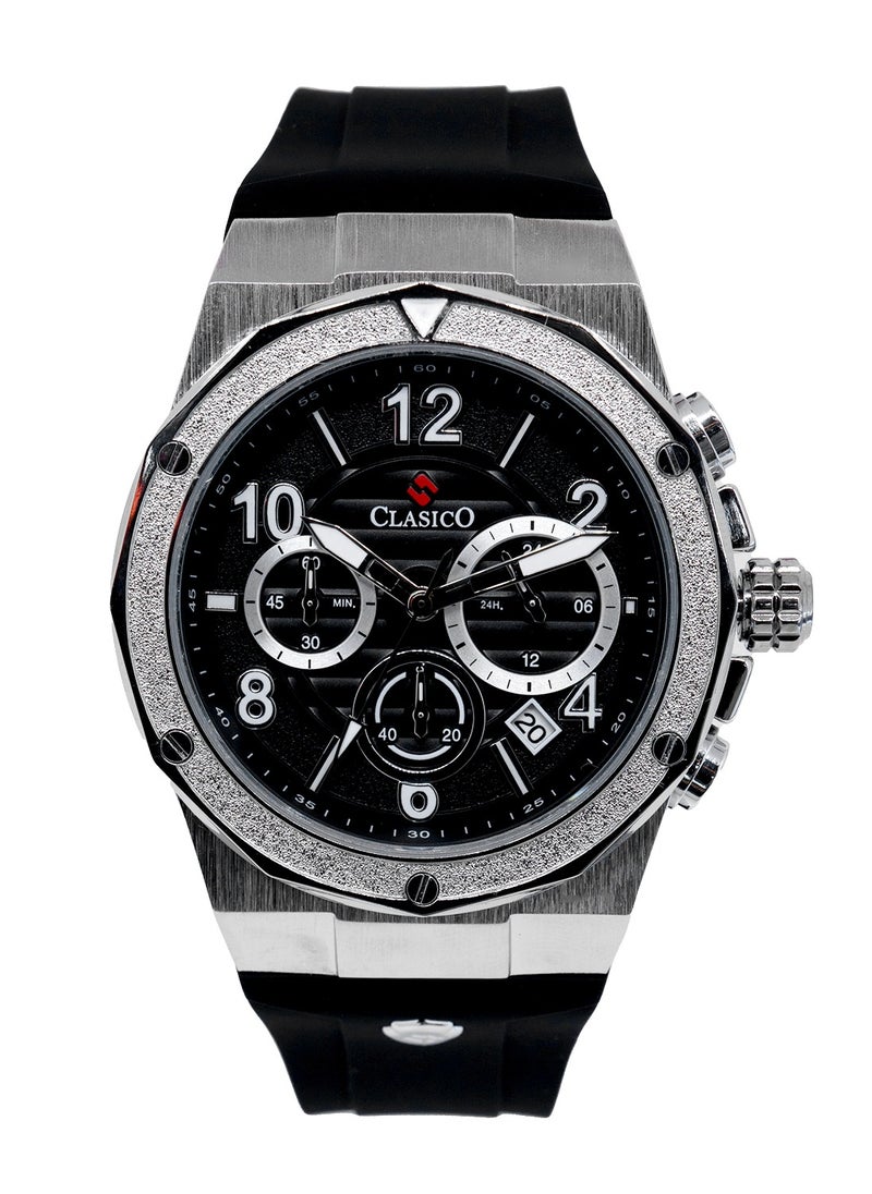 Fluxar 6-Hands Chronograph Watch – Silver Steel Chronograph Edition with Premium Silicon Strap – Elite Y121 Calibre Movement – Waterproof Design