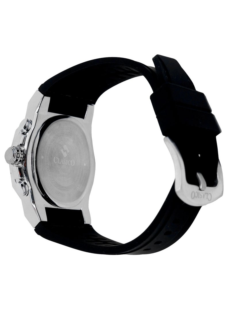 Fluxar 6-Hands Chronograph Watch – Silver Steel Chronograph Edition with Premium Silicon Strap – Elite Y121 Calibre Movement – Waterproof Design