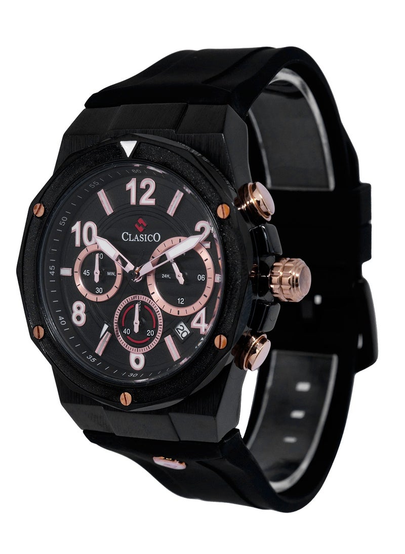Fluxar 6-Hands Chronograph Watch – Midnight Black Chronograph Edition with Premium Silicon Strap – Elite Y121 Calibre Movement – Waterproof Design