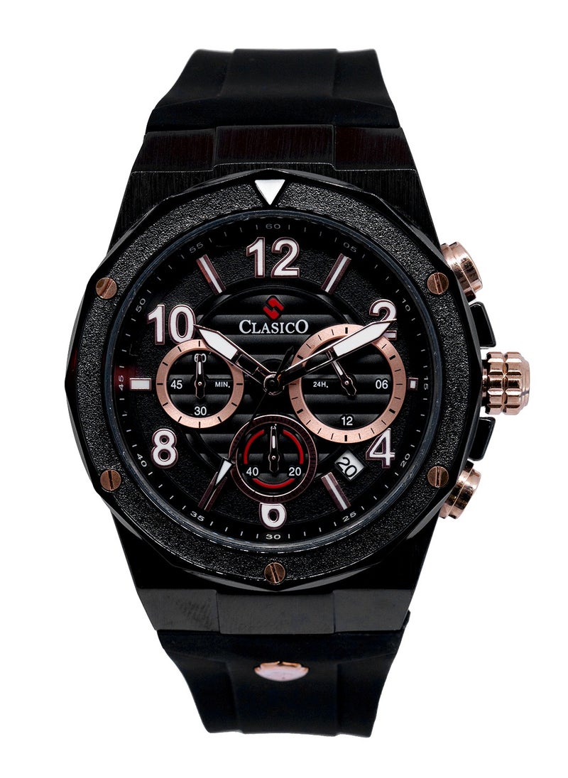 Fluxar 6-Hands Chronograph Watch – Midnight Black Chronograph Edition with Premium Silicon Strap – Elite Y121 Calibre Movement – Waterproof Design