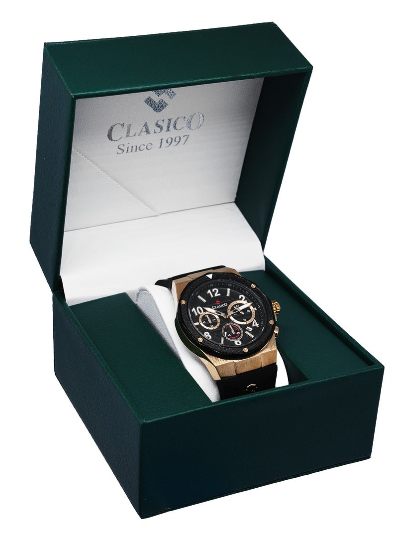 Fluxar 6-Hands Chronograph Watch – Black & Gold Chronograph Edition with Premium Silicon Strap – Elite Y121 Calibre Movement – Waterproof Design