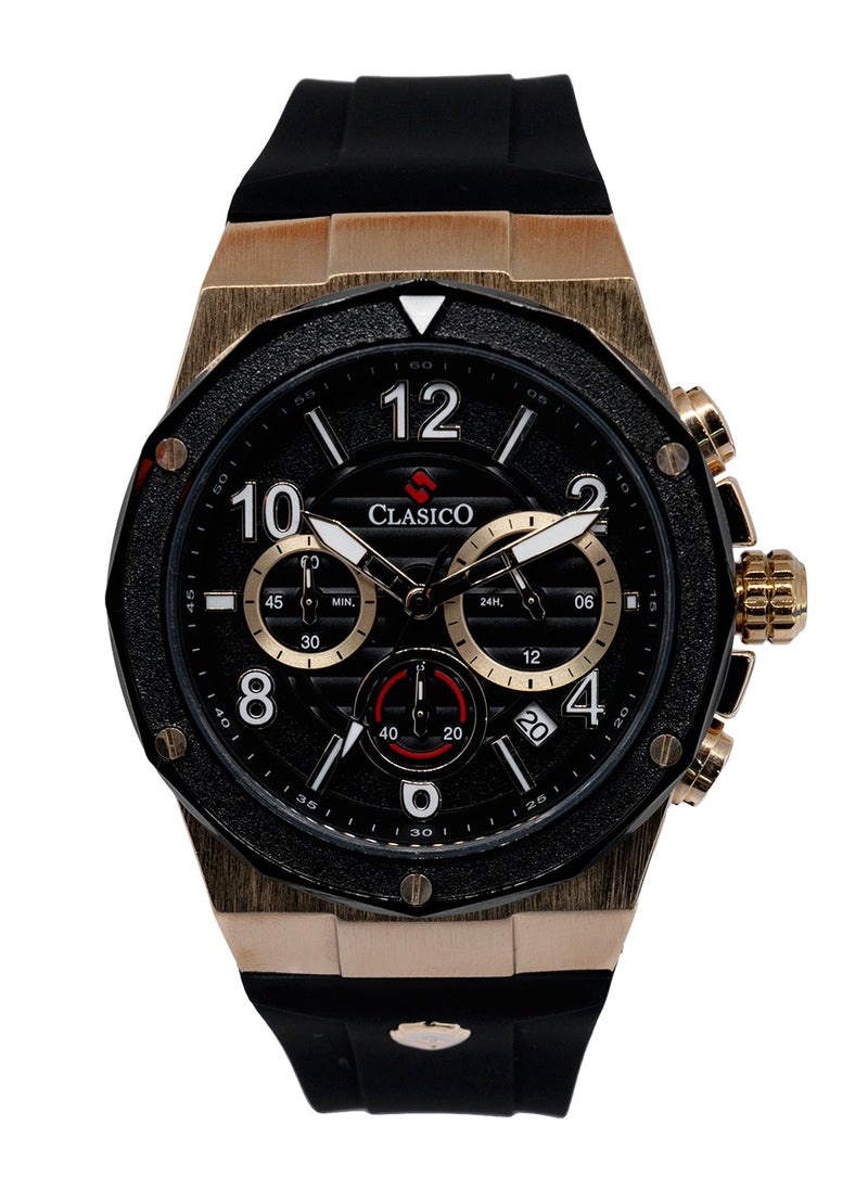 Fluxar 6-Hands Chronograph Watch – Black & Gold Chronograph Edition with Premium Silicon Strap – Elite Y121 Calibre Movement – Waterproof Design