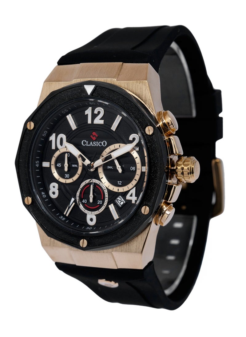 Fluxar 6-Hands Chronograph Watch – Black & Gold Chronograph Edition with Premium Silicon Strap – Elite Y121 Calibre Movement – Waterproof Design