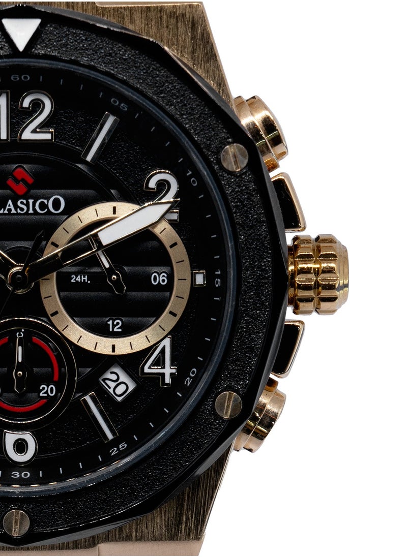 Fluxar 6-Hands Chronograph Watch – Black & Gold Chronograph Edition with Premium Silicon Strap – Elite Y121 Calibre Movement – Waterproof Design