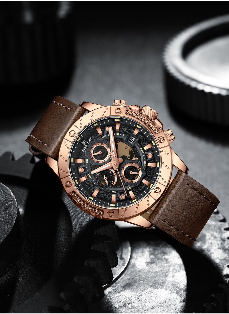 Genuine Leather Band Quartz Chronograph Wrist Watch For Men NF8055 RG/B/D.BN
