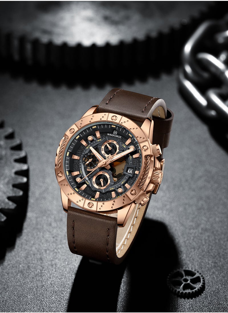 Genuine Leather Band Quartz Chronograph Wrist Watch For Men NF8055 RG/B/D.BN