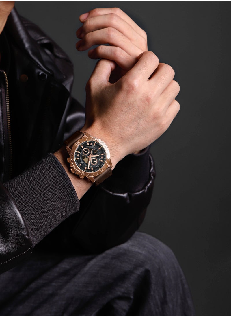 Genuine Leather Band Quartz Chronograph Wrist Watch For Men NF8055 RG/B/D.BN