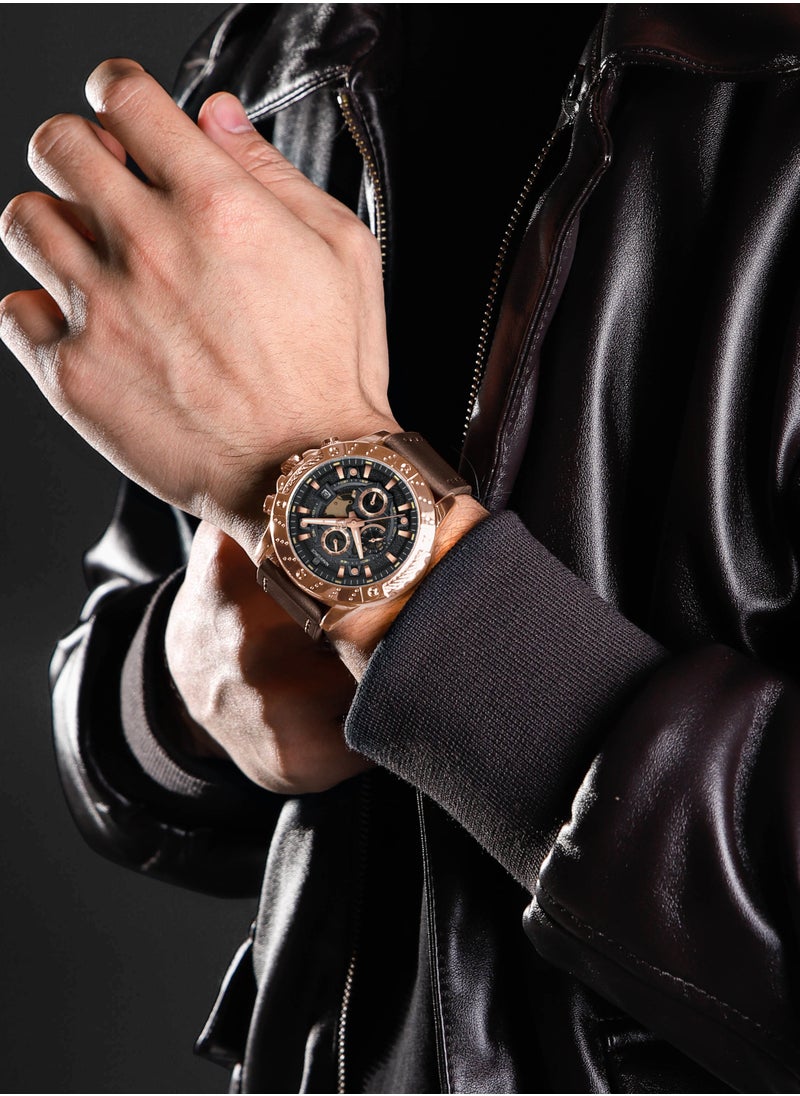 Genuine Leather Band Quartz Chronograph Wrist Watch For Men NF8055 RG/B/D.BN