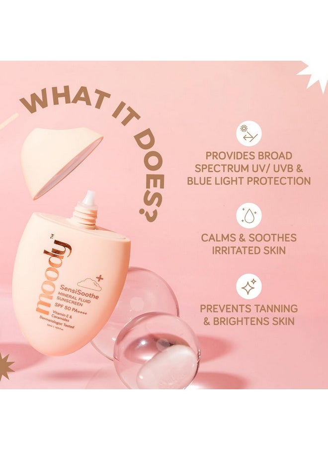Sensisoothe Mineral Brightening Sunscreen Serum With Ceramides & Rice | Sunscreen For All Skin Types With Spf 50 Pa++++ | No White Cast, & Non-Comedogenic Sunscreen Dermatologist Tested-50Ml
