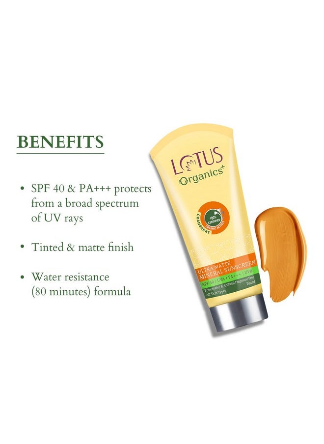 Ultra Matte Mineral Sunscreen Cream Water Resistant & Sweat Resistant, Spf 40 Pa+++, 50G, All Skin Type