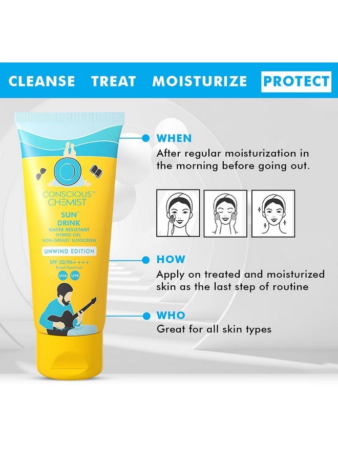 Sunscreen Spf 50 Pa++++ | 50G | Sunscreen Spf 50 For Dry Skin, Sunscreen For Dry Skin, Hybrid Gel With Ceramides, Uva/Uvb Protection, All Skin Types - Sun Drink (Unwind Edition)