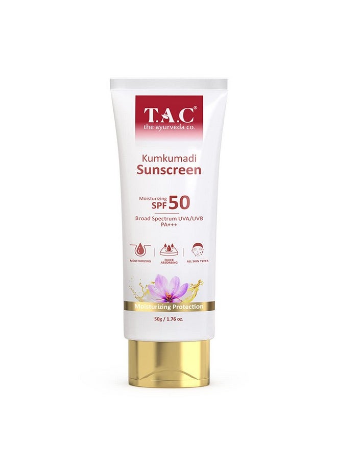 Tac Kumkumadi Gold Glow Sunscreen Spf 50 Pa+++| High Grade Sun Protection With Uva/B + Blue Light Barrier|Ultra Light Sunscreen Gel|For Oily & Dry Skin|Water-Based Hydrating Formula|No White Cast -50G