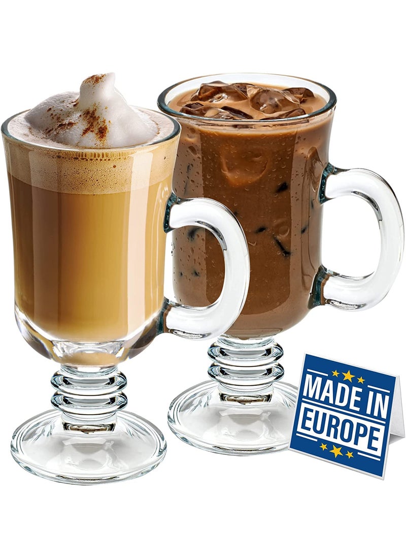 KELVEE Irish Glass Coffee Mugs Latte Cups Set of 2 Cappuccino and Hot Chocolate Mugs with Handle Clear Glass Mugs for Hot Beverages 300ML