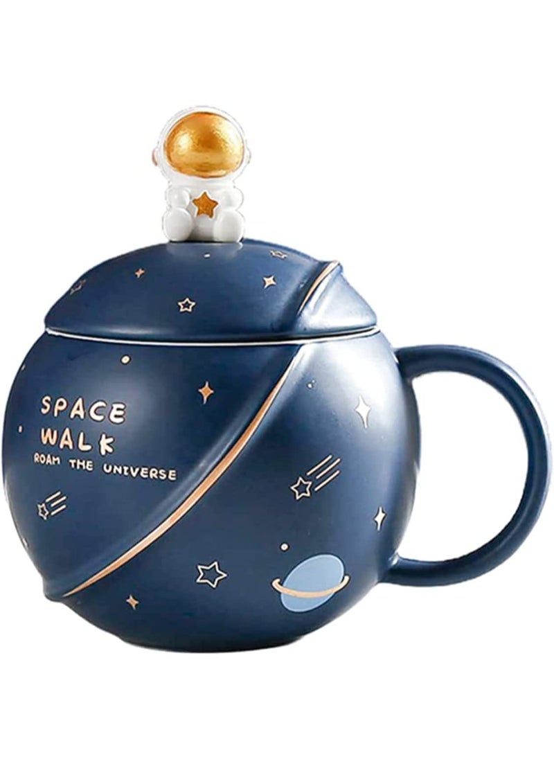 Parssufy Coffee Mug Gift Items 3D Creative Astronaut Universe Planet Coffee Mug With Lid Spoon Ceramic Coffee Mugs For Birthday Anniversary Gift Blue 450 ML