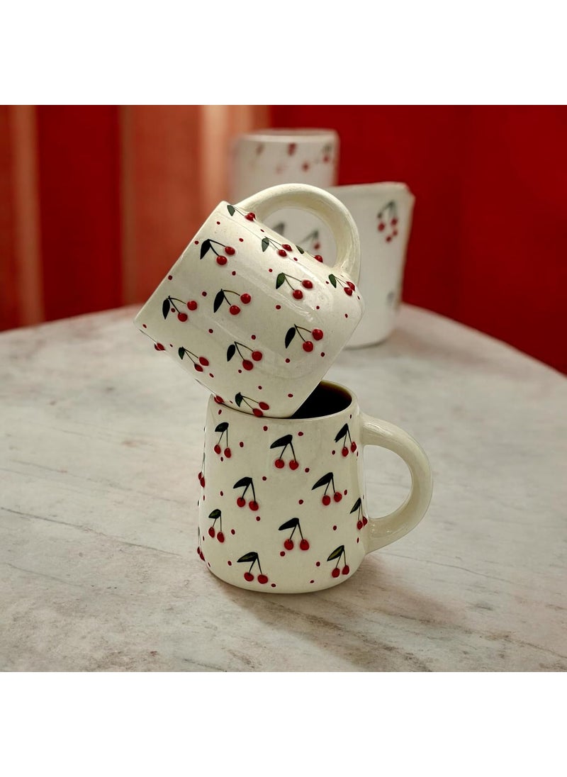 BACKKSPACE RETAIL Sweet Cherry Coffee Mug Pack of 2 Handcrafted Ceramic with Embossed 320ml Capacity Microwave Safe Vibrant and Joyful Design