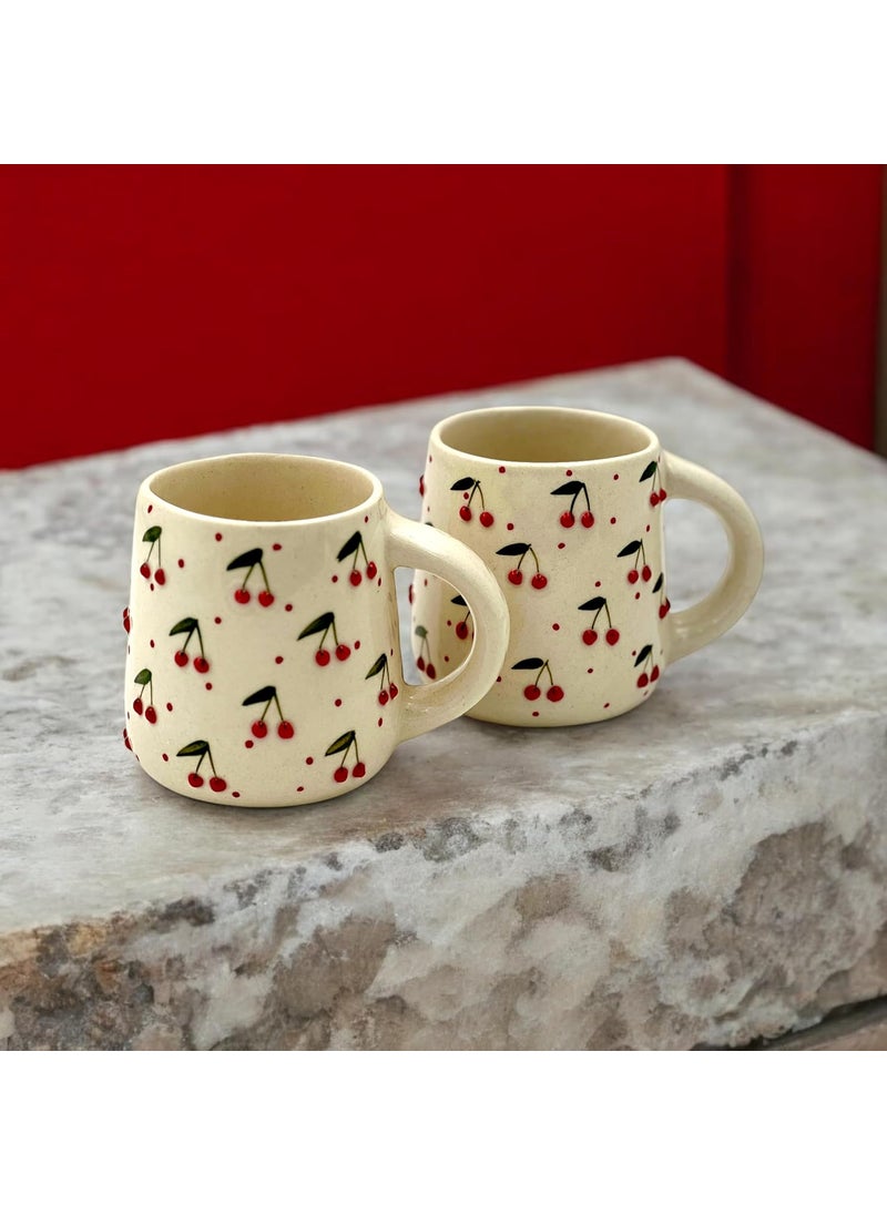BACKKSPACE RETAIL Sweet Cherry Coffee Mug Pack of 2 Handcrafted Ceramic with Embossed 320ml Capacity Microwave Safe Vibrant and Joyful Design