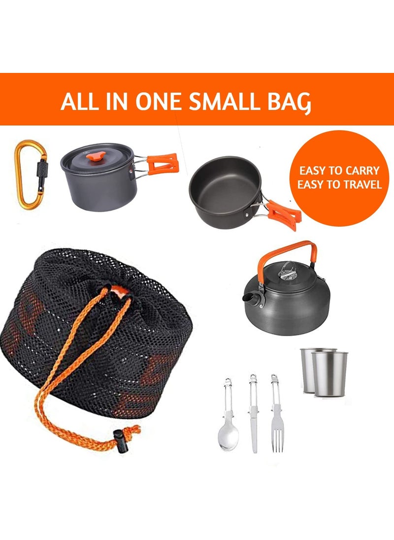 Linist Camping Cookware Mess Kit Campfire Kettle Outdoor Hiking Backpacking Picnic Cooking Pot Pan Bowl Mini Stove Stainless Steel CupSpoon Set for 2 to 3 Person