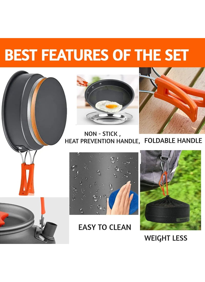Linist Camping Cookware Mess Kit Campfire Kettle Outdoor Hiking Backpacking Picnic Cooking Pot Pan Bowl Mini Stove Stainless Steel CupSpoon Set for 2 to 3 Person