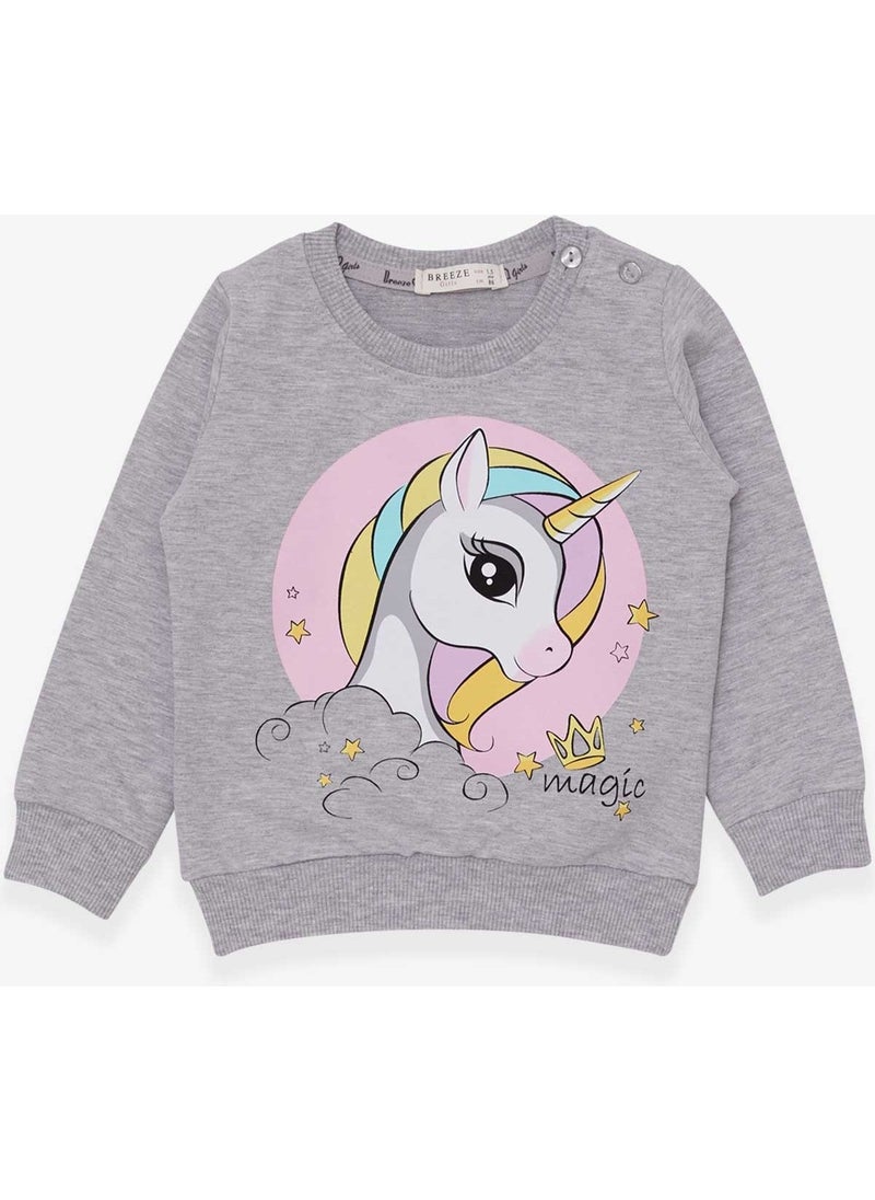 Girl Child Sweatshirt Printed Unicorn 1.5-5 Years, Gray Melange