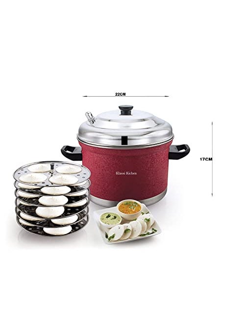 Klassi Kichen Stainless Steel Idli Cooker with 6 Plates Idli Bakelite Handle Gas Stove and Induction Compatible Kitchen Accessories COCO RED