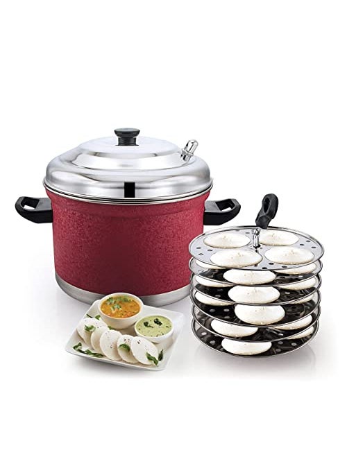 Klassi Kichen Stainless Steel Idli Cooker with 6 Plates Idli Bakelite Handle Gas Stove and Induction Compatible Kitchen Accessories COCO RED