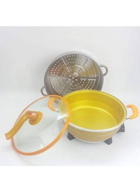 Delavala Electric Heating Hot Pot MultiFunction Non Stick Smokeless Pot with Steamer Cooker with Lid Heat Frying Pan Steaming Hot Pot Cooking Cookware for Kitchen Yellow
