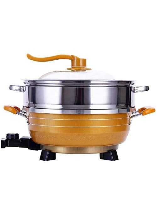 Delavala Electric Heating Hot Pot MultiFunction Non Stick Smokeless Pot with Steamer Cooker with Lid Heat Frying Pan Steaming Hot Pot Cooking Cookware for Kitchen Yellow