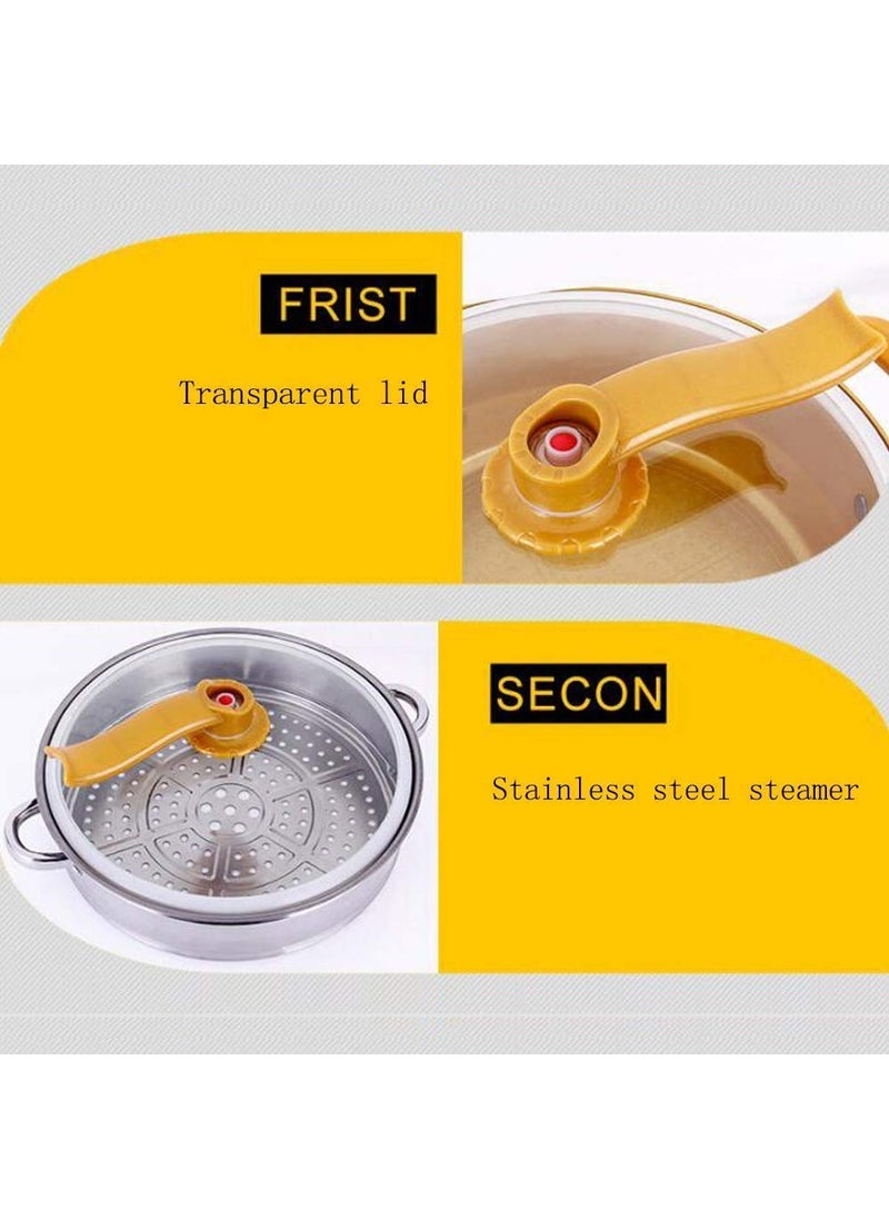 Delavala Electric Heating Hot Pot MultiFunction Non Stick Smokeless Pot with Steamer Cooker with Lid Heat Frying Pan Steaming Hot Pot Cooking Cookware for Kitchen Yellow