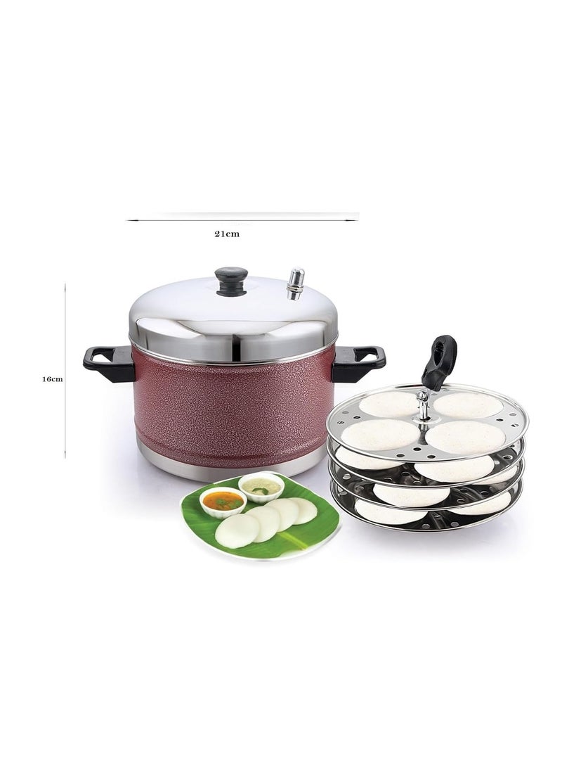 KLASSI KICHEN Stainless Steel Idly Cooker Induction and Gas Stove Compatible Idli Maker Silver 16 Idlies 4Plates Red