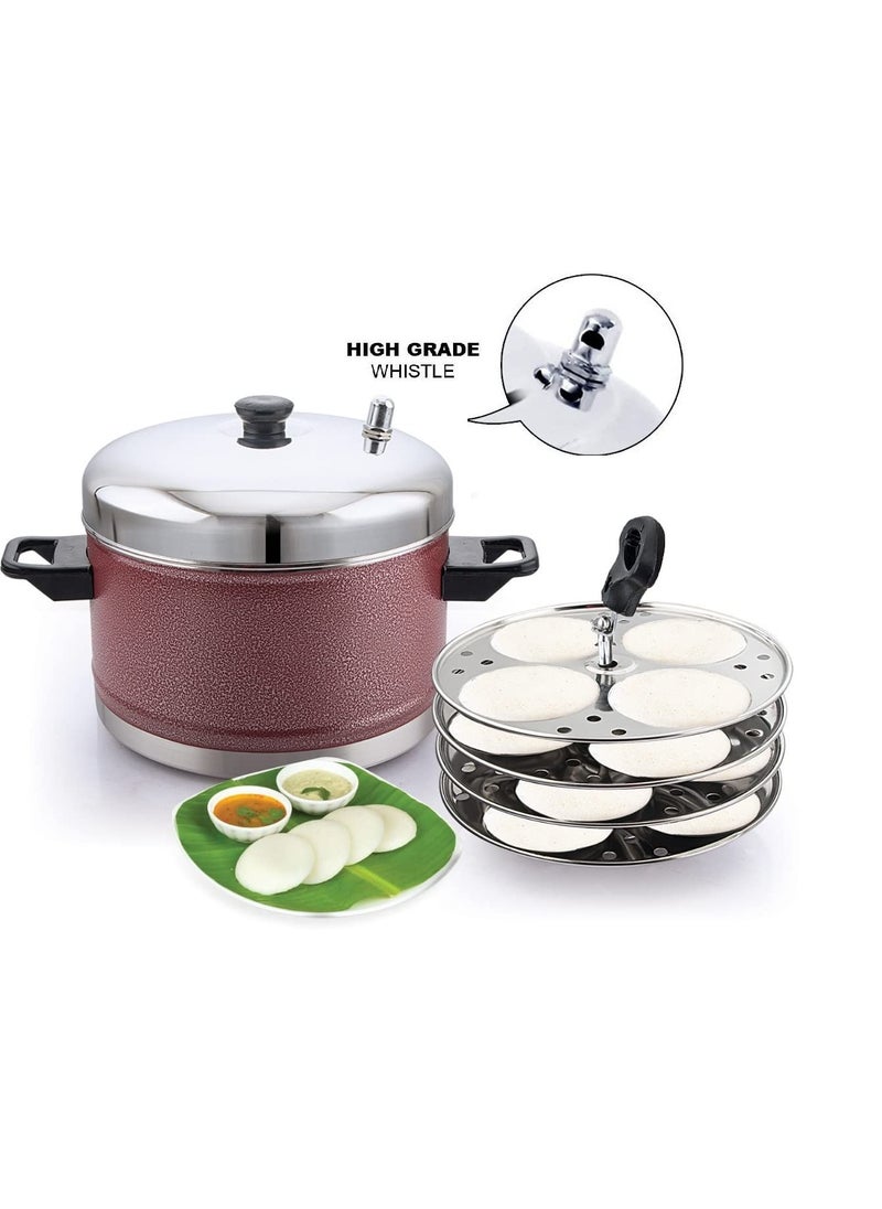 KLASSI KICHEN Stainless Steel Idly Cooker Induction and Gas Stove Compatible Idli Maker Silver 16 Idlies 4Plates Red