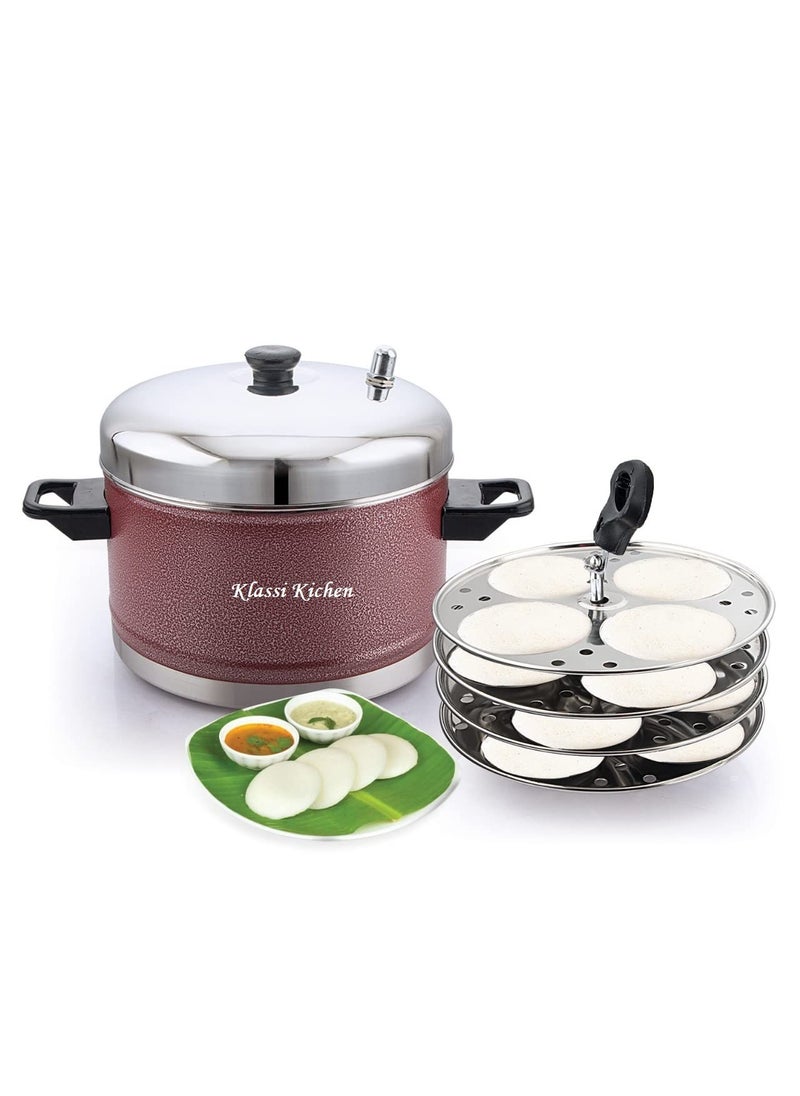 KLASSI KICHEN Stainless Steel Idly Cooker Induction and Gas Stove Compatible Idli Maker Silver 16 Idlies 4Plates Red