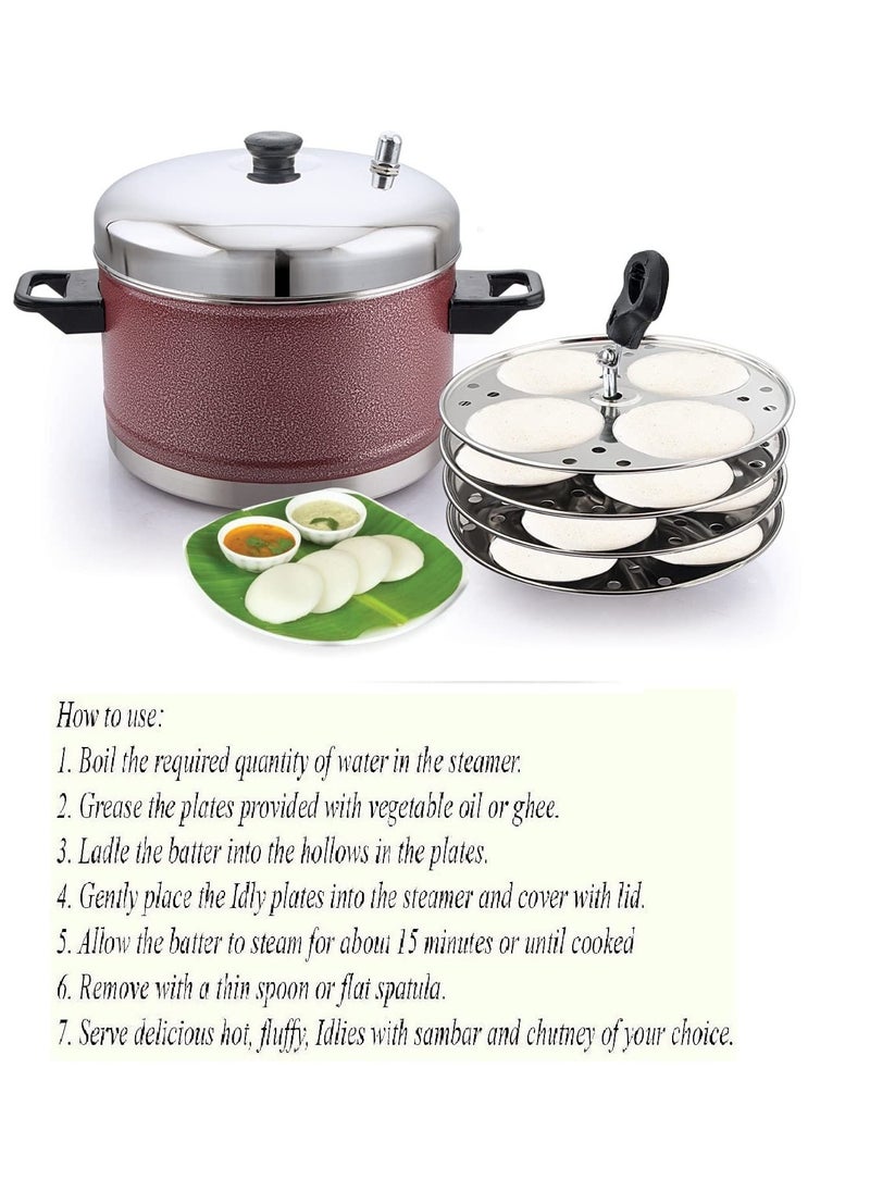 KLASSI KICHEN Stainless Steel Idly Cooker Induction and Gas Stove Compatible Idli Maker Silver 16 Idlies 4Plates Red