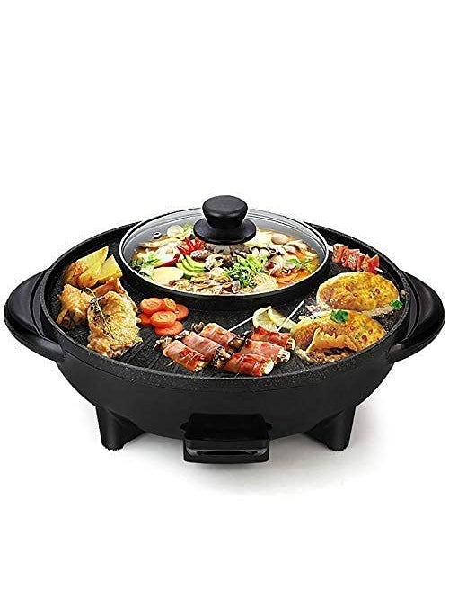 Electric Hot Pot Grill Removable Shabushabu Pot Grill Detachable Barbecue Grill with Large Capacity Baking Tray NonStick BBQ Pan Adjustable Temperature Double Flavor Hot Pot round hot pot