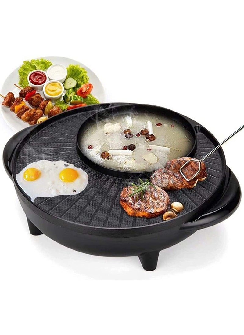 Electric Hot Pot Grill Removable Shabushabu Pot Grill Detachable Barbecue Grill with Large Capacity Baking Tray NonStick BBQ Pan Adjustable Temperature Double Flavor Hot Pot round hot pot