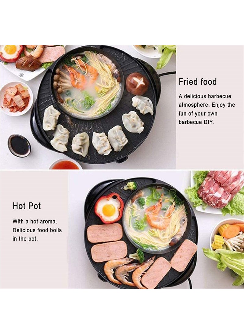 Electric Hot Pot Grill Removable Shabushabu Pot Grill Detachable Barbecue Grill with Large Capacity Baking Tray NonStick BBQ Pan Adjustable Temperature Double Flavor Hot Pot round hot pot