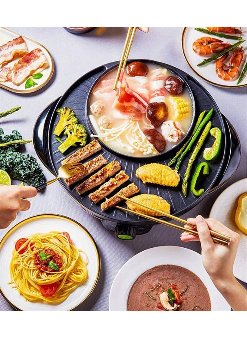 Electric Hot Pot Grill Removable Shabushabu Pot Grill Detachable Barbecue Grill with Large Capacity Baking Tray NonStick BBQ Pan Adjustable Temperature Double Flavor Hot Pot round hot pot